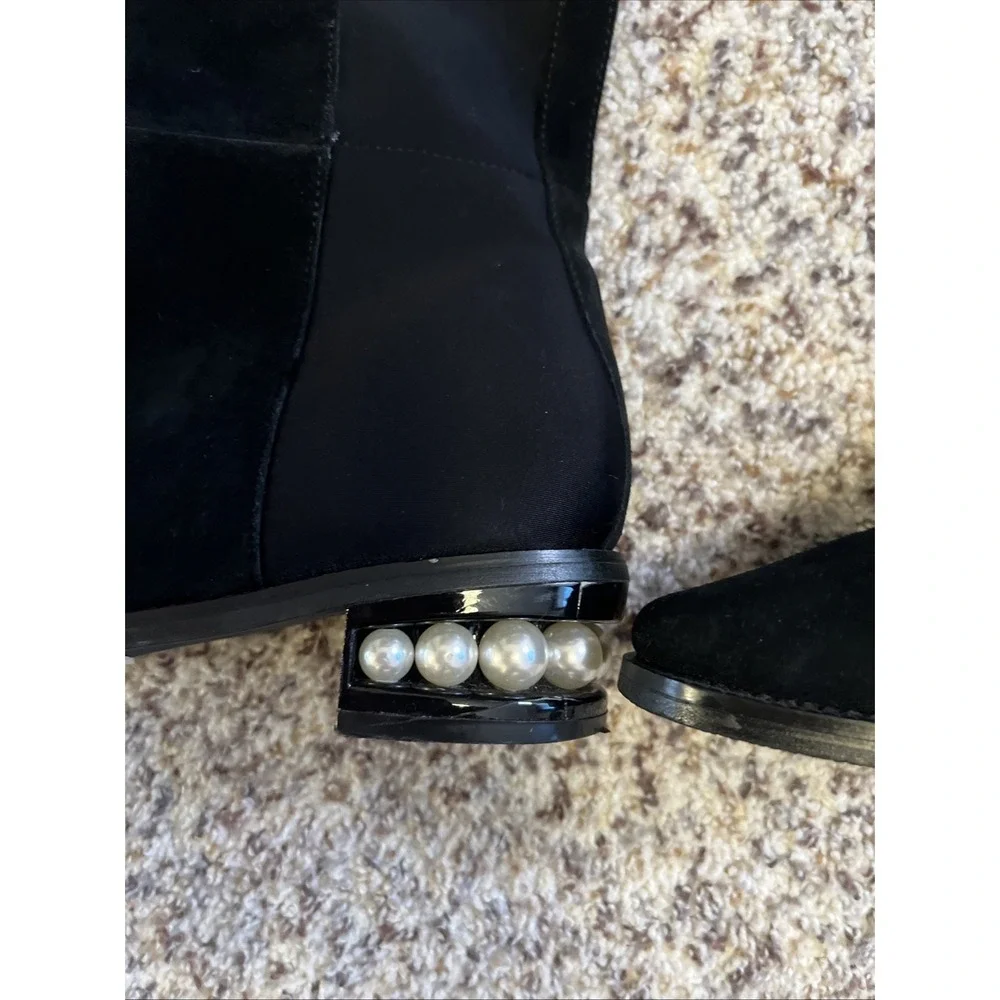 CATHERINE MALANDRINO Black Suede Pearl Heel Over Knee Boots Sz9 Great Condition
